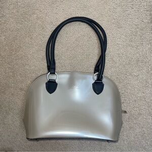 Beijo Metallic Champagne Dome Satchel Handbag Black Trim Structured Purse